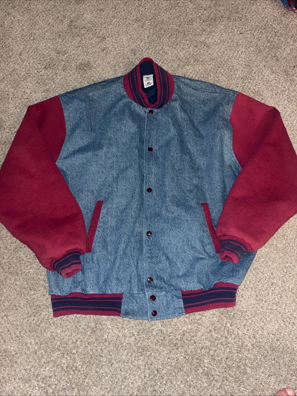 Vtg Fruit of the Loom Varsity Bomber Letterman Jacket 2XL Jean Denim Maroon 90s